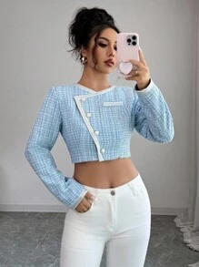 Elenzga Women's Elegant Short Button Plaid Print Long Sleeve Jacket Fall Winter Cloth For Women - Blue - View 1