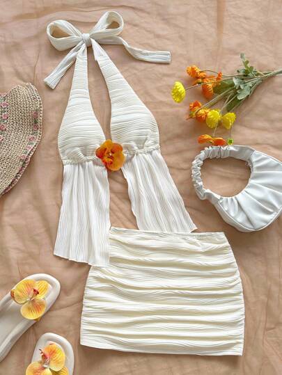 SHEIN x Eduarda Gutierrez Soleia Women's Retro Tie-Dye Floral Print Knit Mesh Halter Backless Tie-Up Top And Ruched Mini Skirt Set, Suitable For Party, Date, Afternoon Tea, Beach, Carnival, Summer Two Piece Beach Set Cream Two Piece Set Beach Skirt Set Skirt Swimsuit Set Cream Bathing Suit,Party