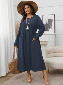 EMERY ROSE Plus Size Solid Dress For Summer Vacation   Fall Clothes For Women Country Style For Women Country Concert Outfit,Spring - Navy Blue - View 3