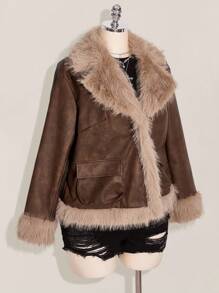 SHEIN ICON Plus Size Vintage PU Leather Patchwork Faux Fur Collar Double Pocket Jacket Fur Jacket Women Brown Fur Jacket Women Fur Coat Faux Fur Jacket Women Brown Jacket Women Winter Fall Autumn