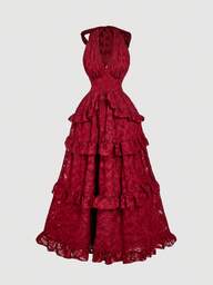 SHEIN X Hannahelzahed SHEIN MOD Wine Red Floral Jacquard Halter Backless Maxi Dress With Oversized Bow, Dreamy Romantic Elegant With Layered Ruffle Hem, Suitable For Dates, Parties, Holidays, Tea Parties, Birthday Occasions