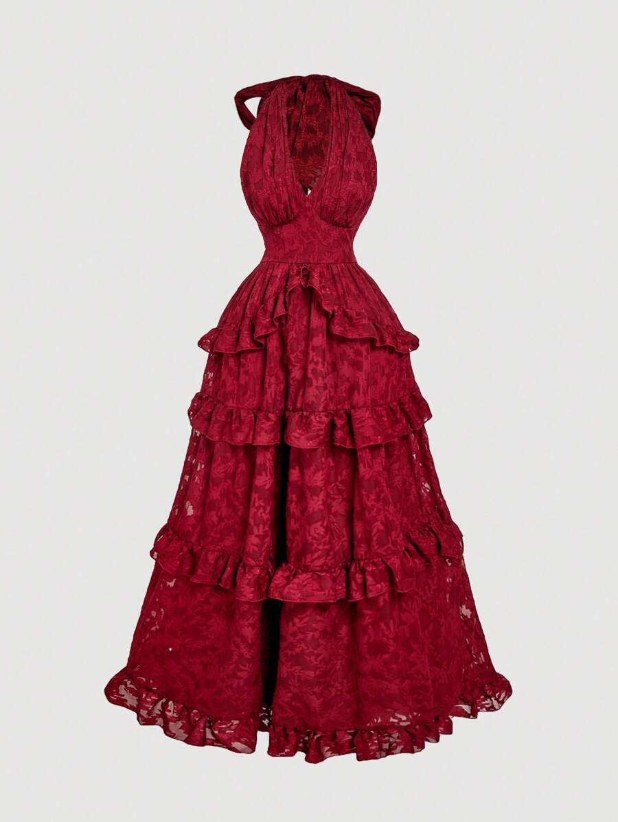 SHEIN X Hannahelzahed SHEIN MOD Váy maxi hở lưng họa tiết hoa jacquard màu đỏ rượu vang có nơ bản lớn, lãng mạn mơ mộng thanh lịch với viền xếp nếp nhiều lớp, thích hợp cho các buổi hẹn hò, tiệc tùng, ngày lễ, tiệc trà, sinh nhật