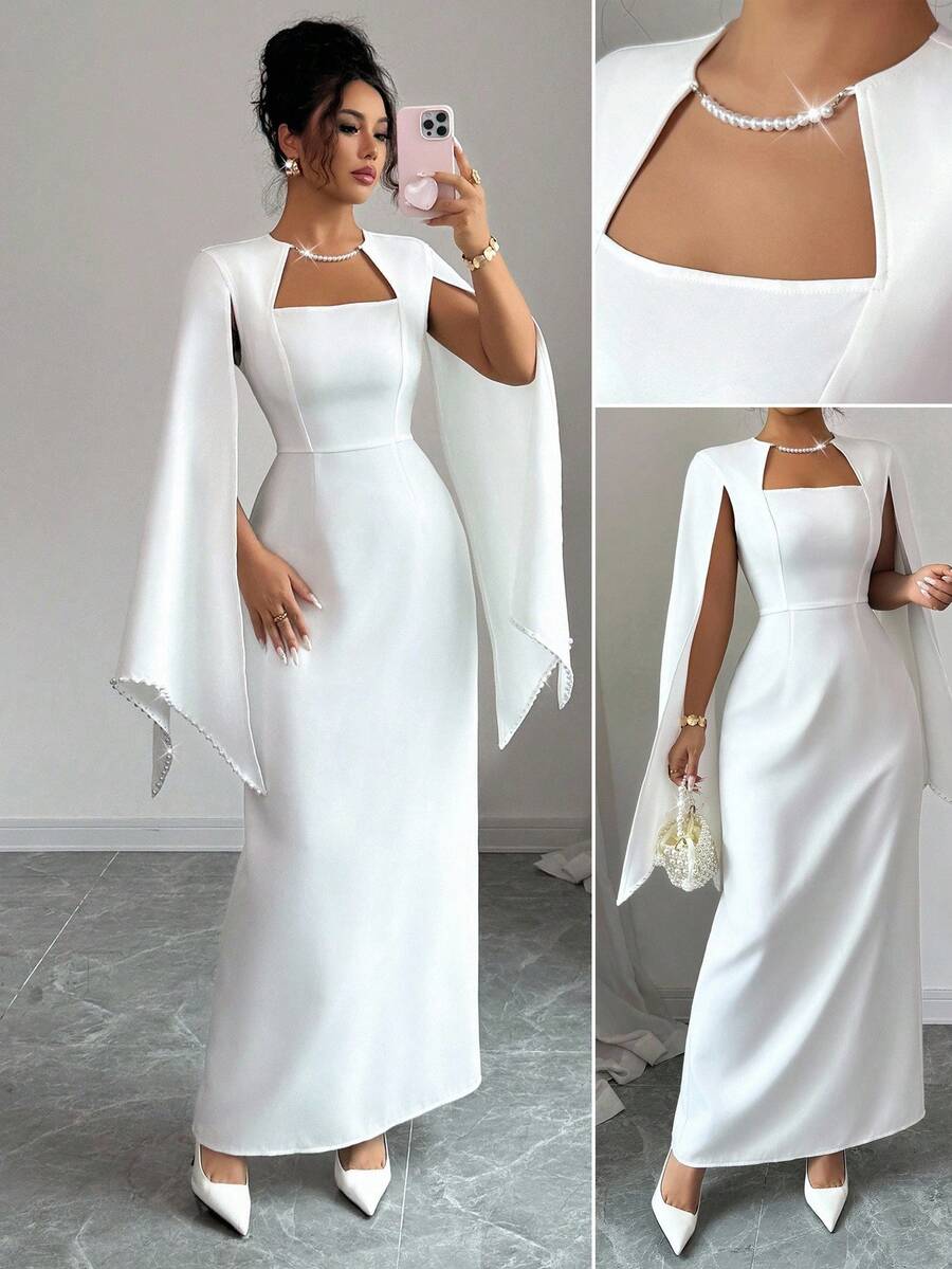 Elenzga Đầm suông cổ vuông thanh lịch cho nữ, tay áo đính ngọc trai, thích hợp cho đám cưới, tiệc tùng, lễ hội âm nhạc, mùa xuân và mùa thu - trắng - Xem 1