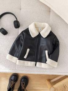 TaviRue 婴儿/男婴/女婴棉衣，冬季外套，PU 皮大衣，羊毛加厚秋冬装，拼接撞色黑色 PU 皮革摩托车夹克，舒适日常百搭时尚休闲复古风格，适合室内、户外、日常、运动、玩耍、派对、拍照、节日、万圣节、圣诞节、新年