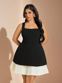 SHEIN BAE Váy xếp ly ren hoa lãng mạn cỡ lớn cho nữ màu tương phản, phù hợp cho trang phục thường ngày mùa xuân, mùa hè, mùa thu, trang phục hẹn hò - màu đen - Xem 7