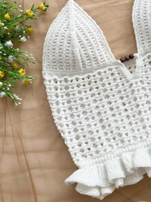 Soleia Sexy Spaghetti Strap V-Neck Hollow Out Wooden Bead Fitted Women Sweater Vest, Vacation Spaghetti Strap Backless Ombre Knit Dress, Suitable For Holiday, Date, Afternoon Tea, Vacation, Music Festival, Bohemian - White - View 6