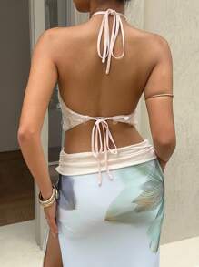 SHEIN EZwear 女士纯色亮片时尚露脐吊带上衣，约会之夜 - 杏色 - 查看 2