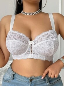 SHEIN 1pc Plus Size Women Lace Bow Decor Underwire Lace Push Up White Bra, Lift