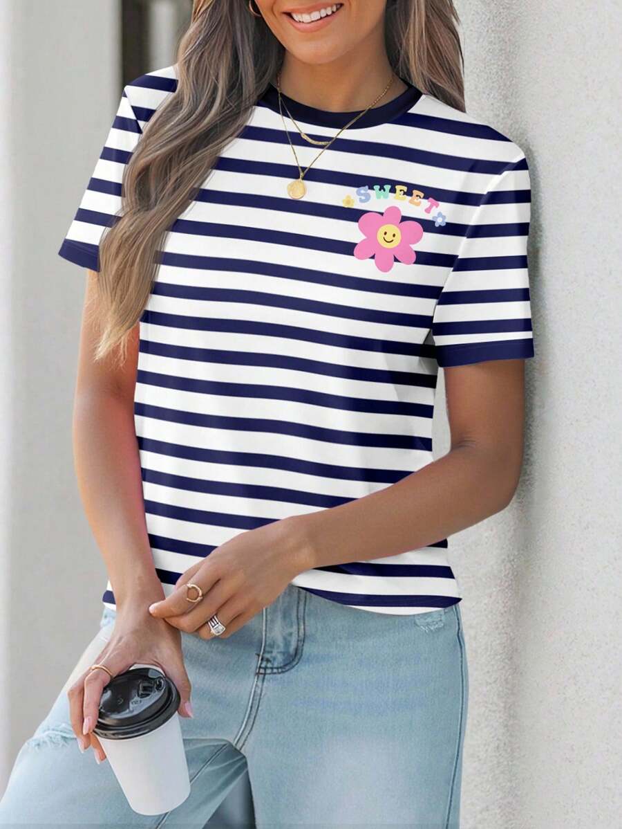 SHEIN EZwear 休闲花卉图案拼色海军蓝和白色圆领宽松短袖T恤女款，适合夏季 - 彩色 - 查看 1