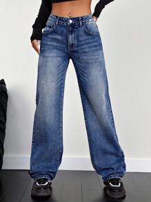 SHEIN PETITE Slant Pocket Wide Leg Jeans - Dark Wash - View 1