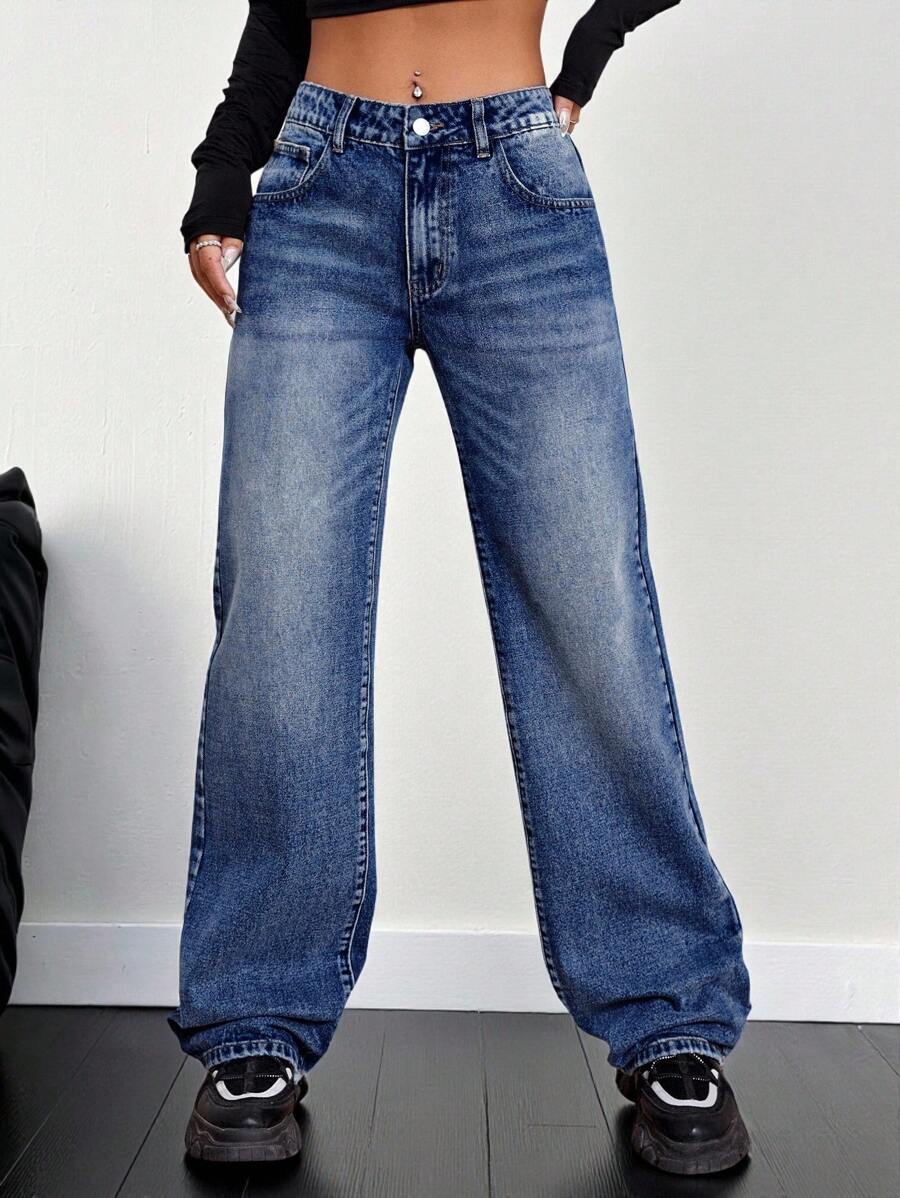SHEIN PETITE Slant Pocket Wide Leg Jeans - Dark Wash - View 1