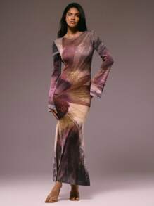 MUSERA Vestido maxi de manga larga ajustado con estampado floral de punto, de malla transparente, para invierno, verano, vacaciones, salida nocturna, cita, boda, fiesta, elegante, Ibiza, ocasión, femenino, lindo, chic - Multicolor - Ver 6