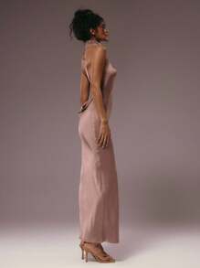 MUSERA Abito lungo elegante in raso con collo alto e vestibilità dritta, adatto per l'inverno, l'estate, le vacanze, le uscite serali, le serate, i matrimoni, i compleanni, i club, i brunch, le crociere, le feste, Ibiza e altre occasioni girly e carine - Castano - Visualizzare 2