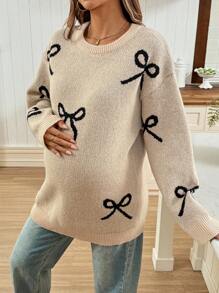 SHEIN Autumn And Winter Maternity Bowknot Pattern Round Neck Long Sleeve Knitted Sweater