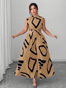 Elenzga 大码无袖短款上衣性感优雅休闲/度假连衣裙 - 卡其色 - 查看 2