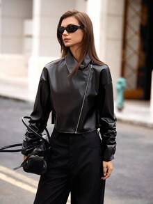 Hanevo 女式纯色 PU 皮革拉链休闲百搭夹克 - 黑色 - 查看 4