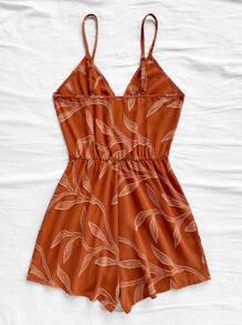 Soleia 女士细肩带交叉裹腰休闲连体裤女士夏季连体裤树叶印花连身裤 - 棕色 - 查看 2