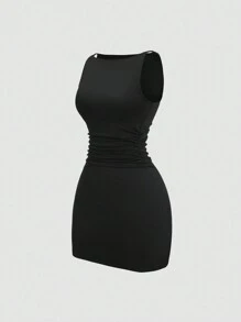 Sweetra 船领荷叶边迷你连衣裙，简约时尚，适合夏季