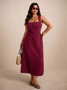 Elaquor Große Größen einfarbiges ärmelloses Lässig Urlaubskleid - Bordeaux - Übersicht 5
