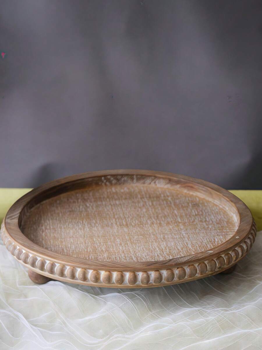 SHEIN 1PC Decor 12in Round Tray For Home Decor- Brown Wood Beaded Tray- Decorative Round Tray For Living Room Decor Coffee Table Decor Kitchen Table Decor Or Farmhouse Serving Tray