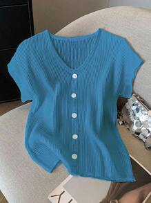 Chiquease 女士 V 领短袖纽扣设计休闲 T 恤