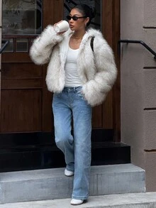 DAZY 女士时尚保暖长袖连帽宽松仿皮草外套，秋冬女式大衣 - 白色 - 查看 5