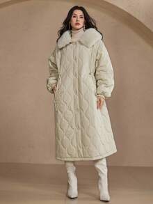 DAZY 女式长款毛领拼接棉衣 秋冬 - 米色 - 查看 4