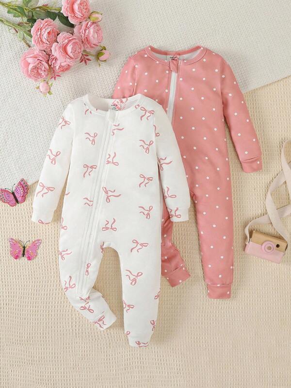 2pcs Baby Girls' Pink & White Long Sleeve Romper Pajama Set, Cute Polka Dot & Bow Print Design