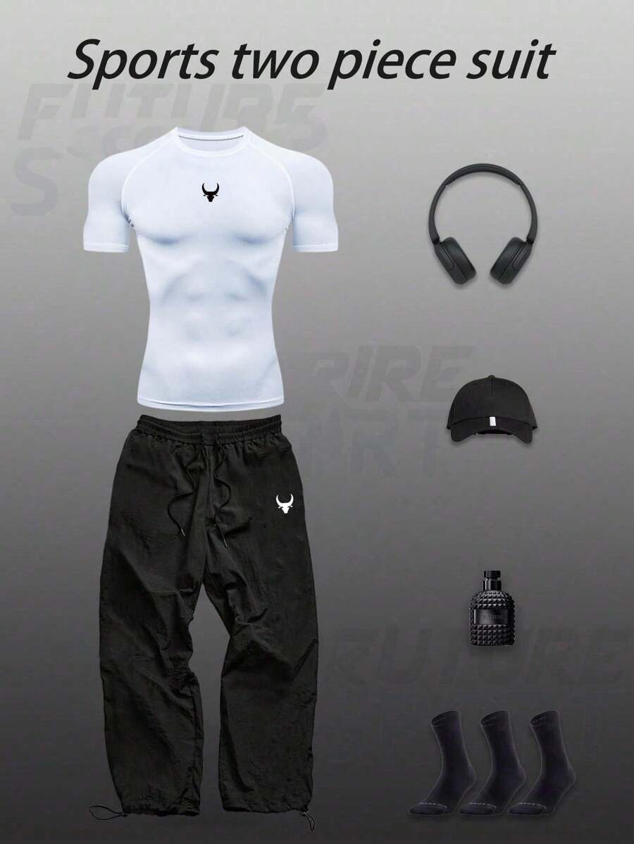 Manfinity Sport Corelite بذلة رياضية رجالية مريحة مكونة من قطعتين، مع ملابس علوية بأكمام قصيرة وأسفل قصير، طقم جيم، طقم تمرين، ملابس علوية ضاغط للرجال - أبيض وأسود - مشاهدة 1