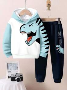 SHEIN Bộ 2 áo hoodie dài tay in hình khủng long xanh dễ thương thoải mái cho bé trai, phù hợp cho mùa thu/đông - Nhiều màu - Xem 3