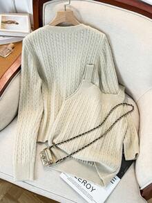 INAWLY Bộ 2 món áo hai dây đan xoắn và áo khoác cardigan thời trang nữ - Màu Khaki - Xem 2