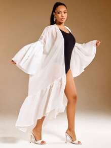 Vixey Kimono họa tiết da báo, voan mỏng viền bèo nhún, mùa hè, phong cách Boho, đồ che bãi biển cho nữ, kỳ nghỉ trên đảo - trắng - Xem 6