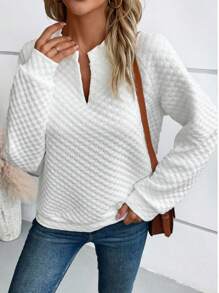 SHEIN LUNE Notched Neckline Raglan Sleeve Sweatshirt Graduation,Back To School Outfits,Graduation,Teacher Outfits For Women,Back To School Pullover Fall Outfit - White - View 4