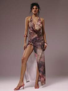 MUSERA 极致高领露背开衩碎花长裙，花朵吊带系带，适合冬季、夏季、度假、夜晚外出、约会、婚礼、生日派对、俱乐部、性感早午餐、外出游轮派对、优雅伊比沙岛等场合，少女可爱长裙 - 彩色 - 查看 2