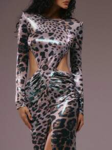 MUSERA Metallic Leoparden-Muster Ausschnitt Taille Langarm Maxikleid mit Schlitz vorne, für Herbst Winter Frühling Sommer Urlaub Abend Hochzeit Gast Geburtstag Club Sexy Brunch Ausgehen Kreuzfahrt Party Elegant Ibiza Anlass Mädchenhaft Niedlich
