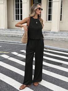 Serisse Women's Plain And Simple Everyday Sleeveless Top And Long Pants Set Black Summer Casual - Black - View 5