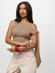 SUMWON WOMEN 女式钩针单肩短款上衣长款系带细节夏季春季修身不对称波西米亚风节日针织毛衣衬衫 - 杏色 - 查看 5