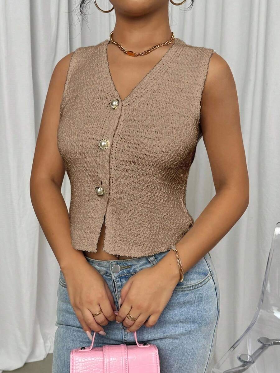 Elenzga Áo len cardigan dáng ôm không tay cổ chữ V sâu phong cách Âu Mỹ mới 2024 dành cho nữ - Màu Khaki - Xem 1