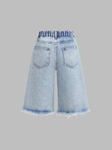 SHEIN Jeans asimmetrici con orlo consumato da ragazza adolescente stile Y2K anni '90, jeans a vita alta 7/8 in denim, pantaloni a gamba larga e dritta, pantaloncini in denim senza elastico, pantaloni casual versatili per l'estate, outfit giovanili e alla moda, outfit per ragazze per l'autunno/inverno, per il ritorno a scuola e per l'ritorno a casa
