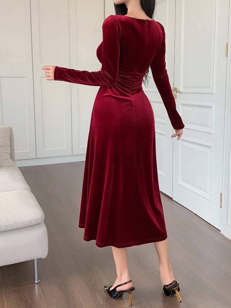 Women's Elegant Solid Color Square Neck Mid-Length Dress, Autumn Long Sleeve Dress Red Women Dresses Christmas Prom Dress