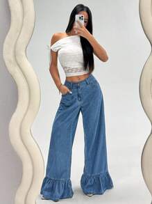 SHEIN PETITE Quần Jeans Denim Xanh Đơn Giản Thường Ngày Cho Nữ - Rửa nhẹ - Xem 4