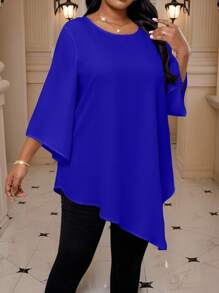 SHEIN Lady 2025 New Plus Size Women Solid Metallic Round Neck 3 4 Sleeve Loose Asymmetric Hem Elegant Blouse Valentine's Day New Year Party Thanksgiving Holiday - Royal Blue - View 1