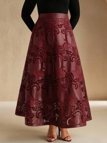 Anewsta 女士新款酒红色刺绣喇叭形优雅度假A字裙 - 酒紅色 - 查看 3