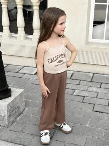 SHEIN Bộ ba món áo ba lỗ cổ tròn in họa tiết thể thao thường ngày cho bé gái & áo & quần dài ống rộng, trang phục thu đông, trang phục thường ngày, mùa tựu trường, trang phục mùa thu - màu nâu - Xem 7