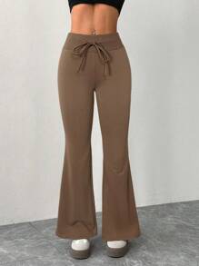 SHEIN PETITE 女式休闲灰色针织松紧腰喇叭运动裤 - 棕色 - 查看 3