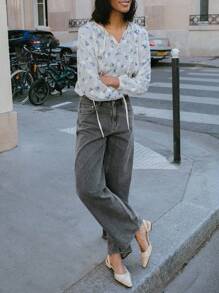 SHEIN Unity 时尚低腰阔腿灰色棉质牛仔裤 - 灰色 - 查看 4