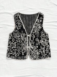 Soleia Plus Size Women Green Knitted Jacquard White Embroidered V-Neck Open Front Tie-Waist Sleeveless Vest Cardigan
