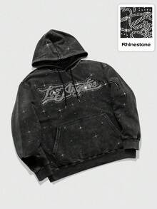 ROMWE MEN Street Life Sudadera con capucha con adornos de rhinestone para hombres, apta para uso diario, otoño, parte superior de manga larga - Negro - Ver 4