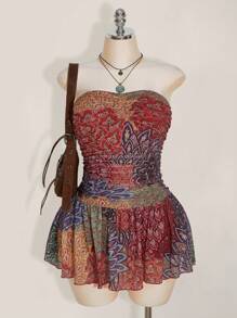 SHEIN ICON 大码女式波西米亚度假性感撞色印花抹胸迷你连衣裙，夏季，波西米亚风格服装 - 彩色 - 查看 1