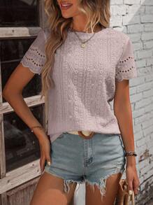 SHEIN LUNE 網眼刺繡貝殼邊T恤 - 藕粉色 - 查看 5